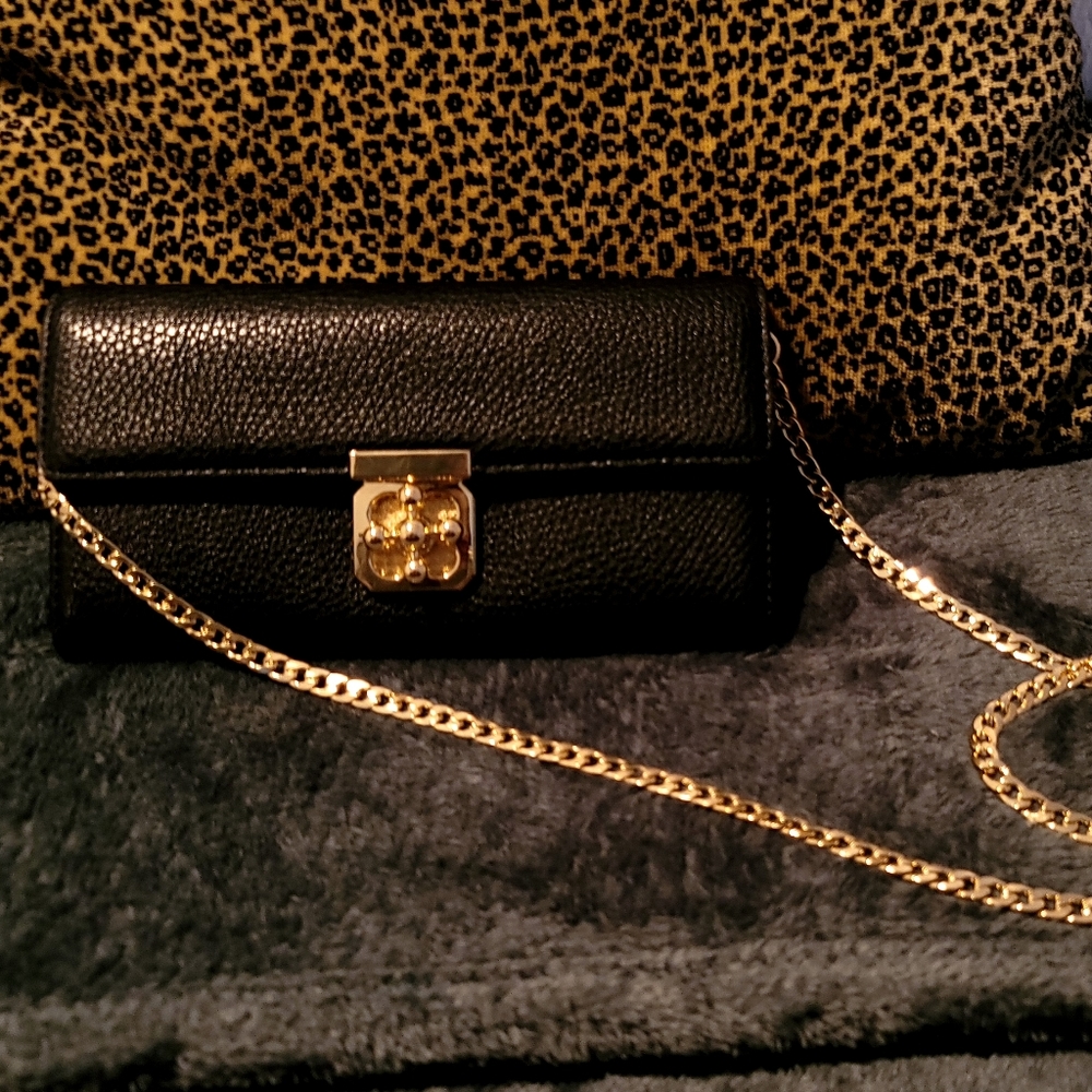 Faux leather crossbody bag with gold chain strap.